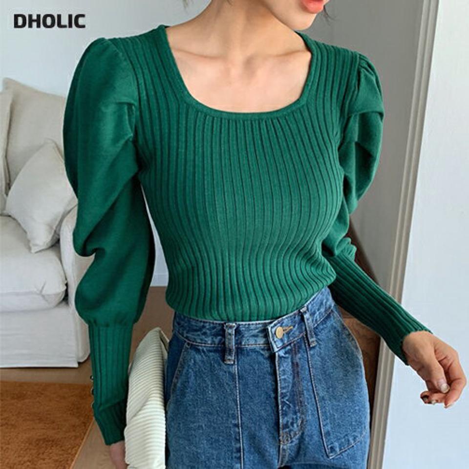 リブボタンパフニット・全3色・b58149 レディース 【tops】韓国ファッション トップス ニット 年上 大人 長袖 スクエアネック リブ ボタン パフスリーブ デコルテ クロップド丈 シンプル カラーニット フェミニン カラーアイテム 上品 秋 春