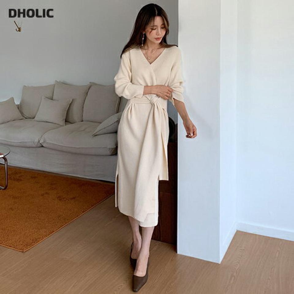 ラップニットワンピース・全4色・t58155 レディース 【ops】韓国ファッション ワンピース ロングワンピース 長袖 大人 Vネック ラップスタイル ニットワンピース ワイド ストラップ ロング丈 Aライン シンプル フェミニン 体型カバー 秋 春