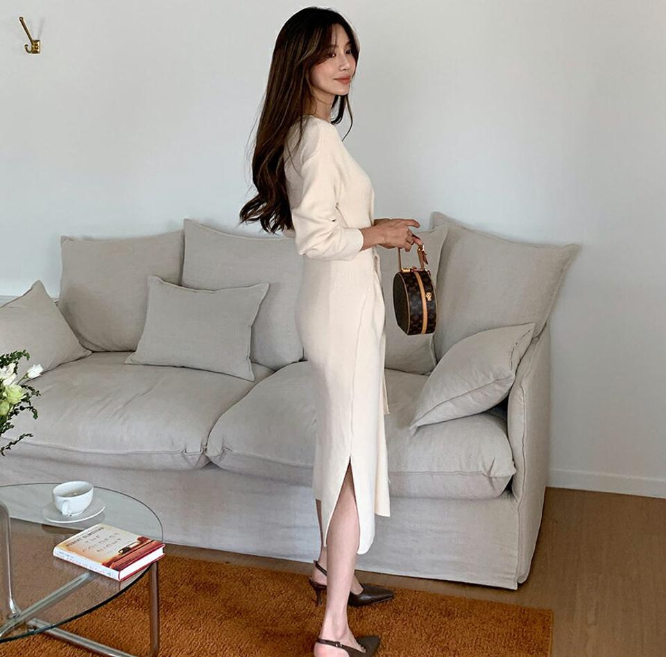 ラップニットワンピース・全4色・t58155 レディース 【ops】韓国ファッション ワンピース ロングワンピース 長袖 大人 Vネック ラップスタイル ニットワンピース ワイド ストラップ ロング丈 Aライン シンプル フェミニン 体型カバー 秋 春