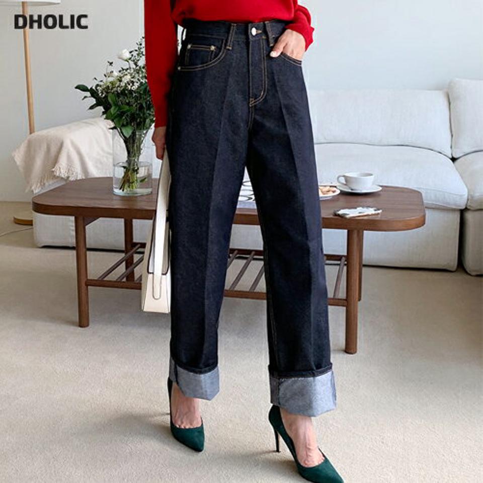 インディゴデニムパンツ・全1色・t58161 レディース 【pt】韓国ファッション ボトムス ロング ロングパンツ デニム インディゴ デニムパンツ ロング丈 ボタン ポケット ロールアップ 体型もカバー デイリー 美脚 足長 シンプル 秋 春