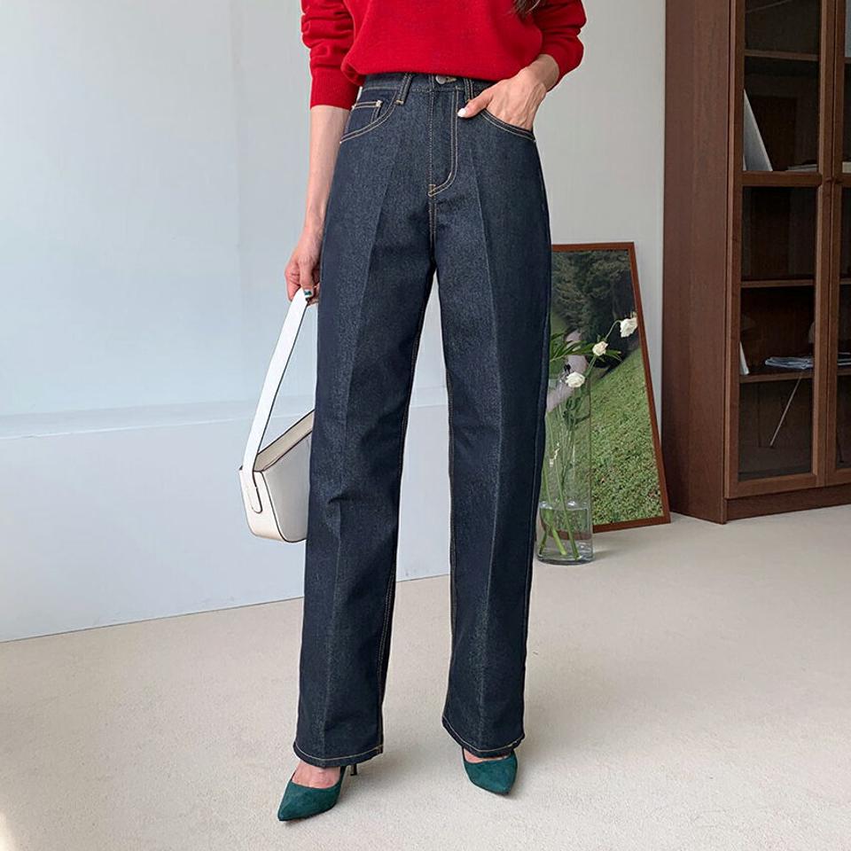 インディゴデニムパンツ・全1色・t58161 レディース 【pt】韓国ファッション ボトムス ロング ロングパンツ デニム インディゴ デニムパンツ ロング丈 ボタン ポケット ロールアップ 体型もカバー デイリー 美脚 足長 シンプル 秋 春