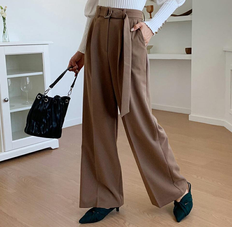ベルト付ワイドスラックス・全3色・b58164 レディース 【pt】韓国ファッション ボトムス ロング ロングパンツ スラックスパンツ スラックス ベルト付 ワイド 無地 オフィスカジュアル デイリー 足長 美脚 フェミニン 秋 春