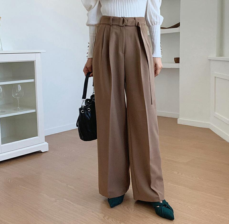 ベルト付ワイドスラックス・全3色・b58164 レディース 【pt】韓国ファッション ボトムス ロング ロングパンツ スラックスパンツ スラックス ベルト付 ワイド 無地 オフィスカジュアル デイリー 足長 美脚 フェミニン 秋 春