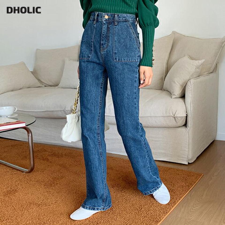 ポケットフレアデニムパンツ・全1色・t58166 レディース 【pt】韓国ファッション ボトムス ロング ロングパンツ デニム フレア デニムパンツ ロング丈 ボタン ポケット スリム 体型もカバー デイリー 美脚 足長 シンプル 秋 春