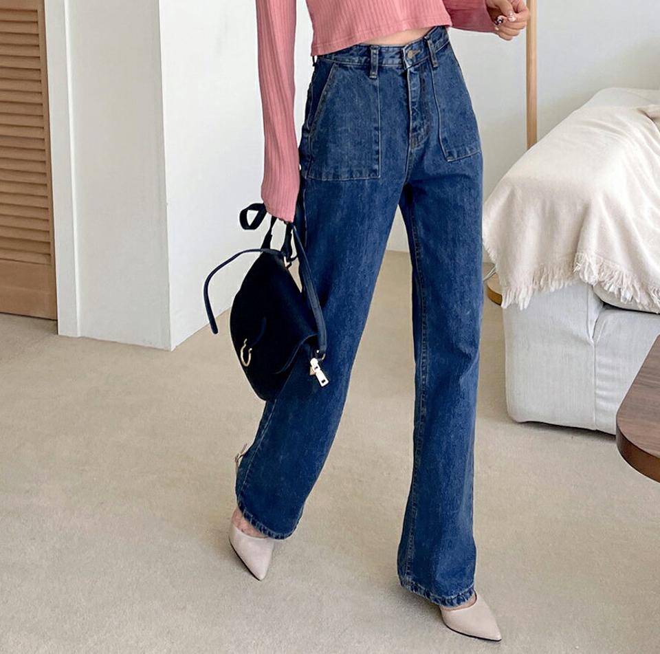 ポケットフレアデニムパンツ・全1色・t58166 レディース 【pt】韓国ファッション ボトムス ロング ロングパンツ デニム フレア デニムパンツ ロング丈 ボタン ポケット スリム 体型もカバー デイリー 美脚 足長 シンプル 秋 春