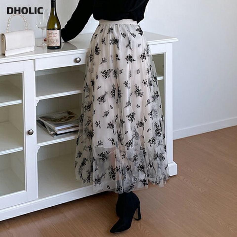 シフォン花柄スカート・全3色・t58174 レディース 【sk】韓国ファッション ボトムス スカート ロング ロングスカート 花柄 フローラル シフォン フレア ロング丈 ゴム 大人 フェミニン シンプル 細身 足長 体型カバー カジュアル 秋 春