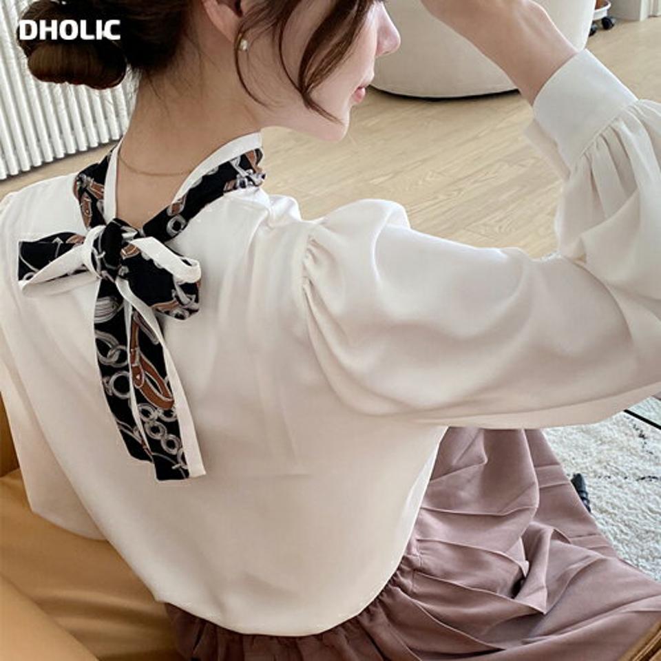 柄スカーフディテールブラウス・全2色・b00336 レディース 【bl】 トップス ブラウス 長袖 大人 カーフ スカーフ 2WAY ギャザー ユニーク フェミニン 上品 リボン 春 秋 韓国ファッション ハイホリHIHOLLI