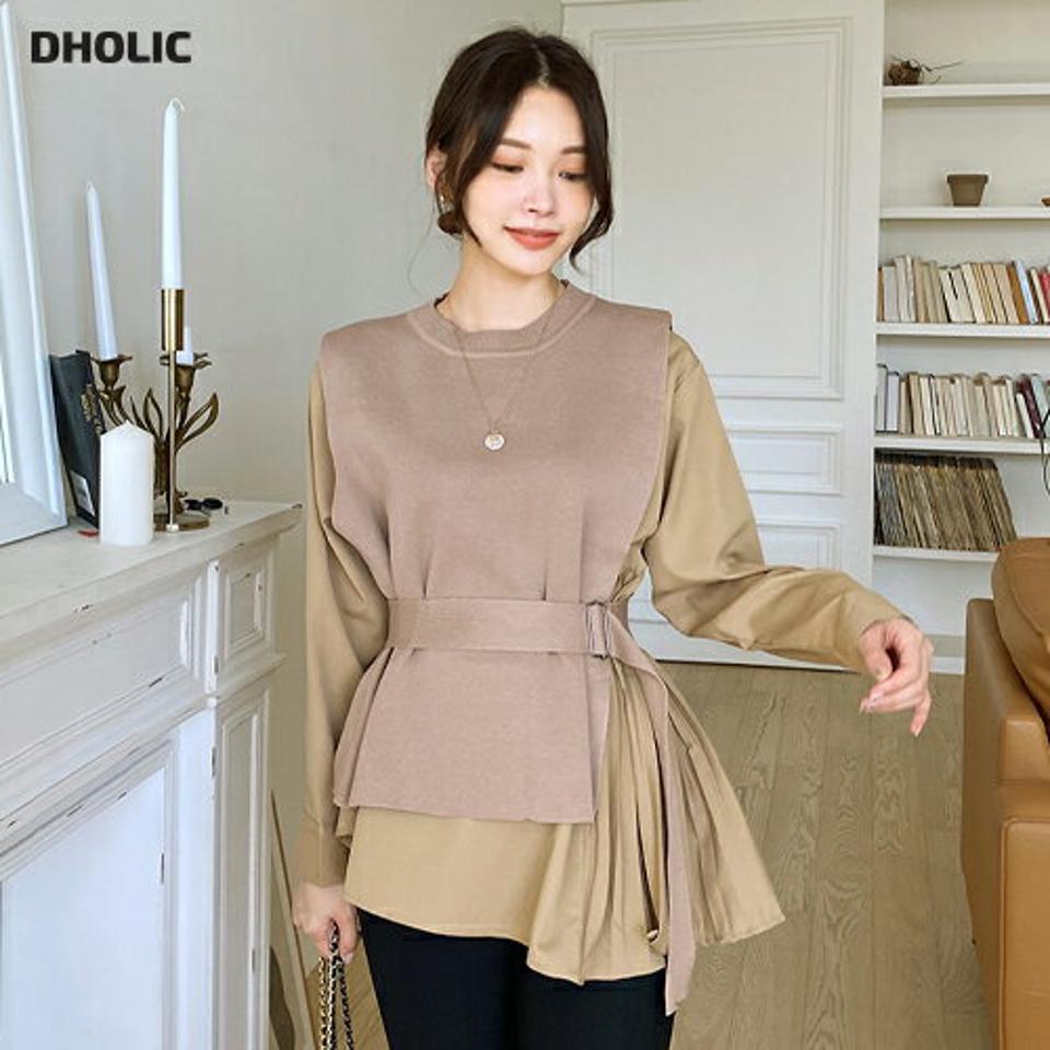 ベルト付ニットベスト&プリーツブラウスSET・全2色・b00335 レディース 【bl】 トップス ブラウス 長袖 大人 セット ユニーク ラウンドネック フェミニン ルーズ 上品 リボン　ベスト 春 秋 韓国ファッション ハイホリHIHOLLI