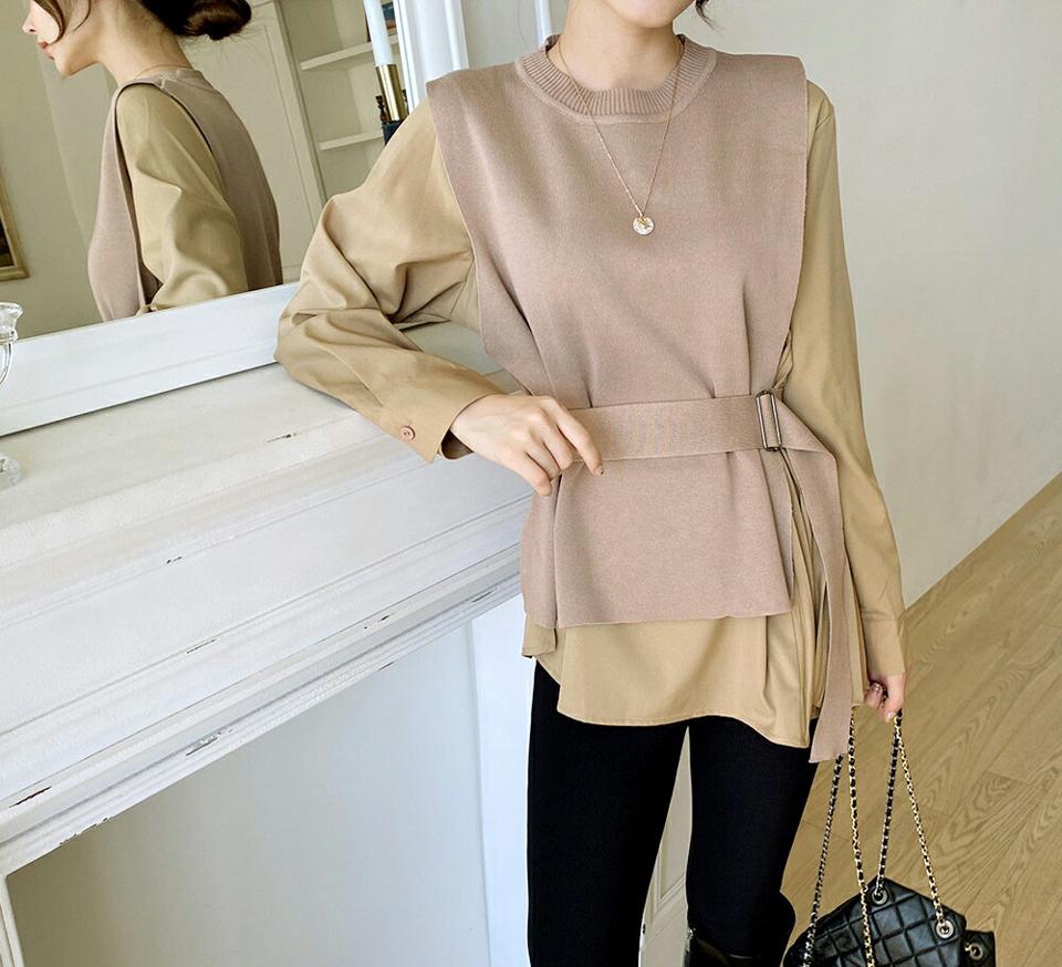 ベルト付ニットベスト&プリーツブラウスSET・全2色・b00335 レディース 【bl】 トップス ブラウス 長袖 大人 セット ユニーク ラウンドネック フェミニン ルーズ 上品 リボン　ベスト 春 秋 韓国ファッション ハイホリHIHOLLI
