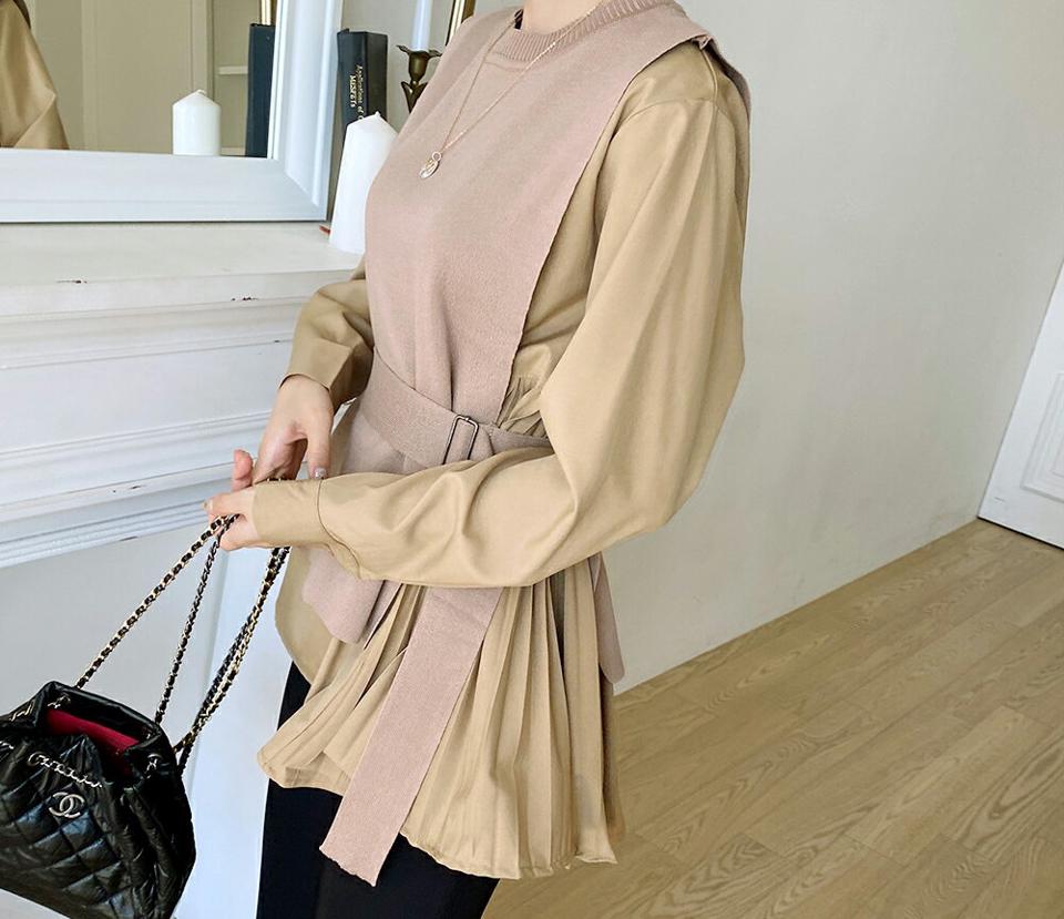 ベルト付ニットベスト&プリーツブラウスSET・全2色・b00335 レディース 【bl】 トップス ブラウス 長袖 大人 セット ユニーク ラウンドネック フェミニン ルーズ 上品 リボン　ベスト 春 秋 韓国ファッション ハイホリHIHOLLI