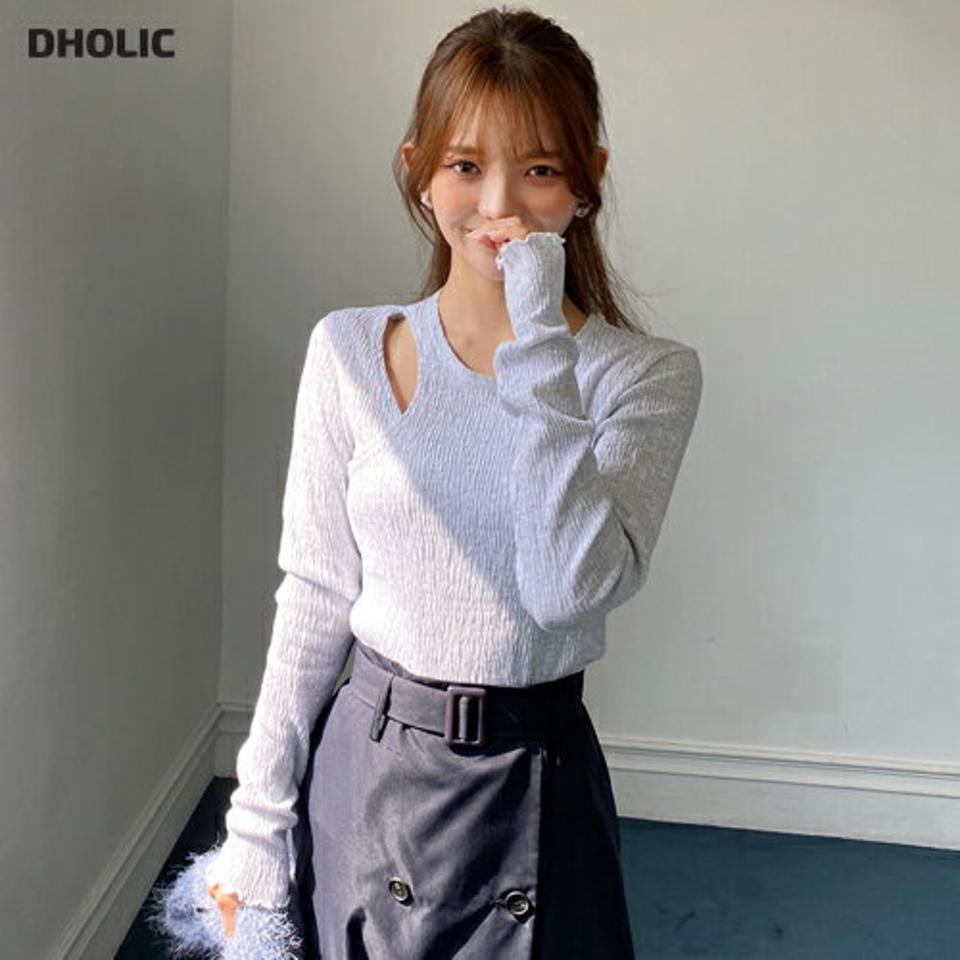 ウェーブスリットTシャツ・全3色・t65125 レディース 【tops】韓国ファッション トップス Tシャツ 長袖 ラウンドネック ウェーブ スリット フェミニン カットアウト シンプル カジュアル デイリー フェミニン 春 秋 NIJU