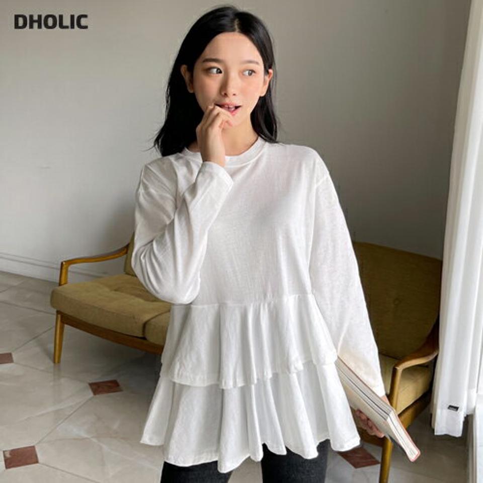 ティアード長袖Tシャツ・全3色・t65127 レディース 【tops】韓国ファッション トップス Tシャツ 長袖 ラウンドネック ティアード フェミニン 体型カバー シンプル ガーリー カジュアル 無地 ゆったり 楽ちん 春 秋 NIJU