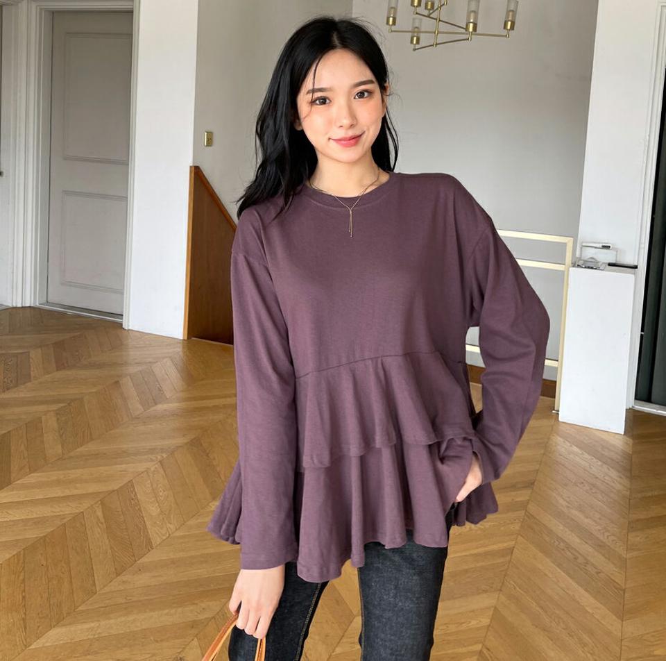 ティアード長袖Tシャツ・全3色・t65127 レディース 【tops】韓国ファッション トップス Tシャツ 長袖 ラウンドネック ティアード フェミニン 体型カバー シンプル ガーリー カジュアル 無地 ゆったり 楽ちん 春 秋 NIJU