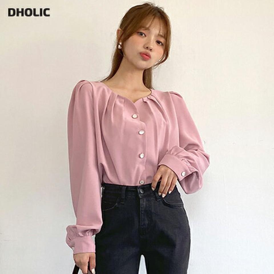 即日配送 パール調ボタンハートネックブラウス・全3色・t65118 レディース 【bl】韓国ファッション トップス ブラウス 長袖 ハートネック ボタン パール調 パフスリーブ シンプル フェミニン 無地 上品 体型カバー 細身 ガーリー カジュアル 春 秋 NIJU