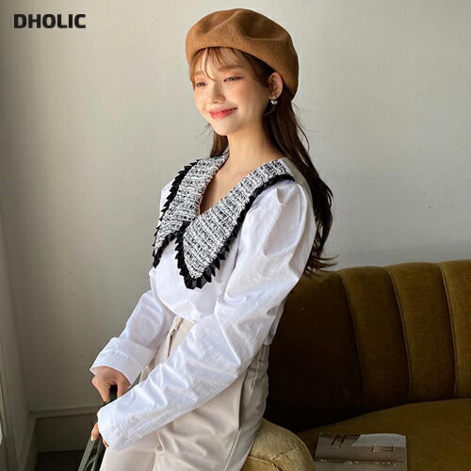 ビッグツイードカラーブラウス・全2色・t65135 レディース 【bl】韓国ファッション トップス ブラウス 長袖 ビッグカラー ツイード ボタン フリル 襟コン タック シンプル フェミニン 上品 体型カバー 細身 ガーリー カジュアル 春 秋 NIJU