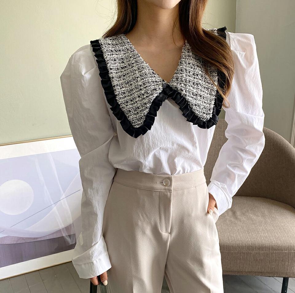 ビッグツイードカラーブラウス・全2色・t65135 レディース 【bl】韓国ファッション トップス ブラウス 長袖 ビッグカラー ツイード ボタン フリル 襟コン タック シンプル フェミニン 上品 体型カバー 細身 ガーリー カジュアル 春 秋 NIJU