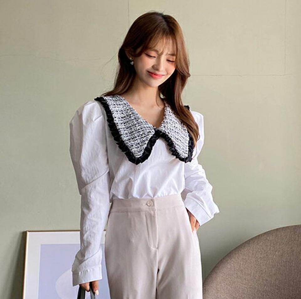 ビッグツイードカラーブラウス・全2色・t65135 レディース 【bl】韓国ファッション トップス ブラウス 長袖 ビッグカラー ツイード ボタン フリル 襟コン タック シンプル フェミニン 上品 体型カバー 細身 ガーリー カジュアル 春 秋 NIJU