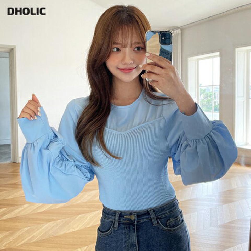 ニット切替シャーリングブラウス・全3色・t65137 レディース 【bl】韓国ファッション トップス ブラウス 長袖 ラウンドネック シャーリング ボタン カラーアイテム パステル リブ スリム 水色 ニット シンプル フェミニン 上品 細身 ガーリー カジュアル 春 秋 NIJU