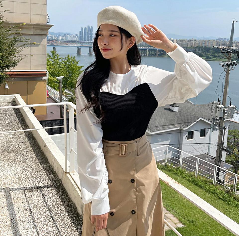 ニット切替シャーリングブラウス・全3色・t65137 レディース 【bl】韓国ファッション トップス ブラウス 長袖 ラウンドネック シャーリング ボタン カラーアイテム パステル リブ スリム 水色 ニット シンプル フェミニン 上品 細身 ガーリー カジュアル 春 秋 NIJU