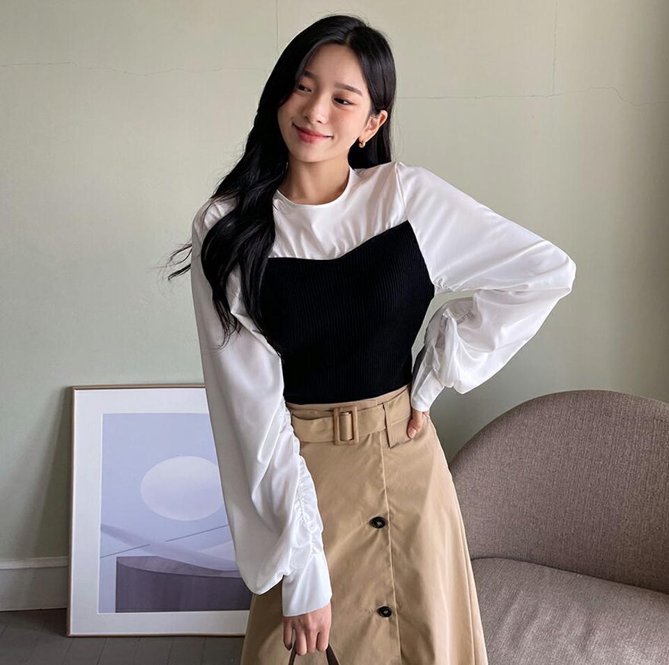 ニット切替シャーリングブラウス・全3色・t65137 レディース 【bl】韓国ファッション トップス ブラウス 長袖 ラウンドネック シャーリング ボタン カラーアイテム パステル リブ スリム 水色 ニット シンプル フェミニン 上品 細身 ガーリー カジュアル 春 秋 NIJU