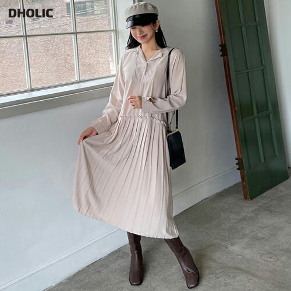 【只今10%OFF】カラープリーツワンピース・全2色・t65150 レディース 【ops】韓国 ファッション ワンピース ロング ロングワンピース 長袖 セーラーカラー プリーツ ラグランスリーブ ボタン ロング丈 シンプル ルーズ 楽ちん 体型カバー 春 秋 NIJU