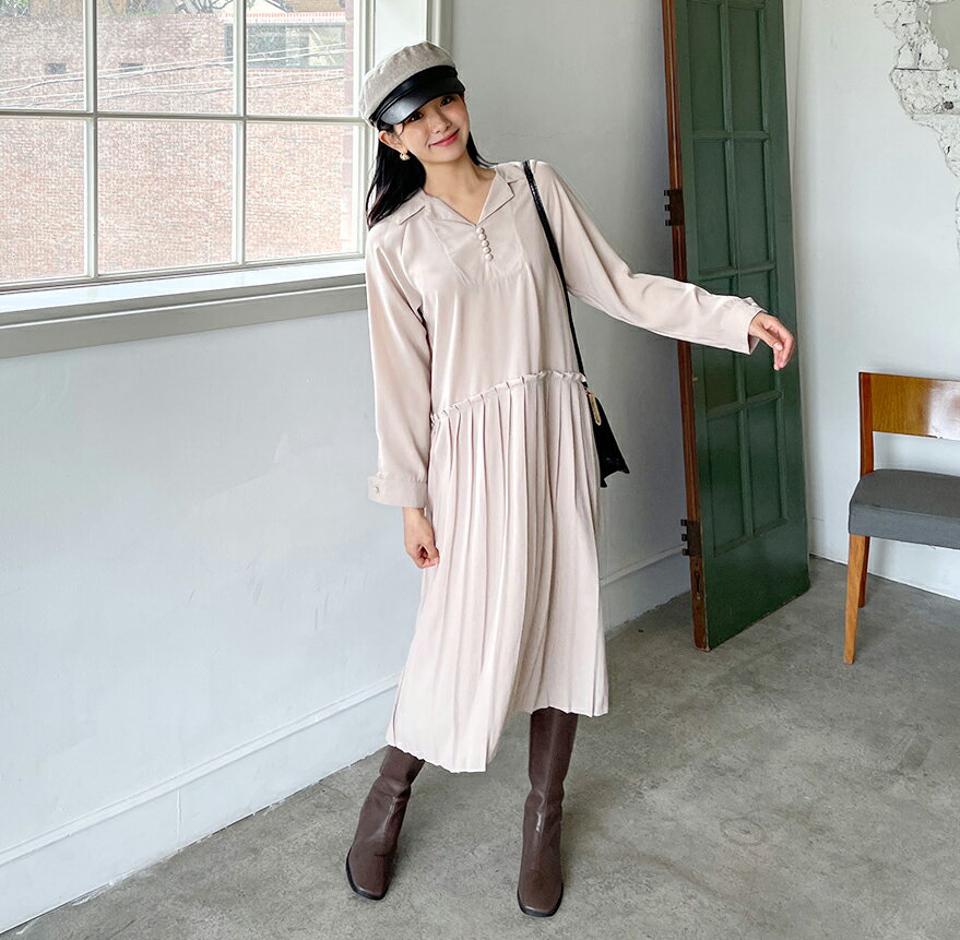 【只今10%OFF】カラープリーツワンピース・全2色・t65150 レディース 【ops】韓国 ファッション ワンピース ロング ロングワンピース 長袖 セーラーカラー プリーツ ラグランスリーブ ボタン ロング丈 シンプル ルーズ 楽ちん 体型カバー 春 秋 NIJU