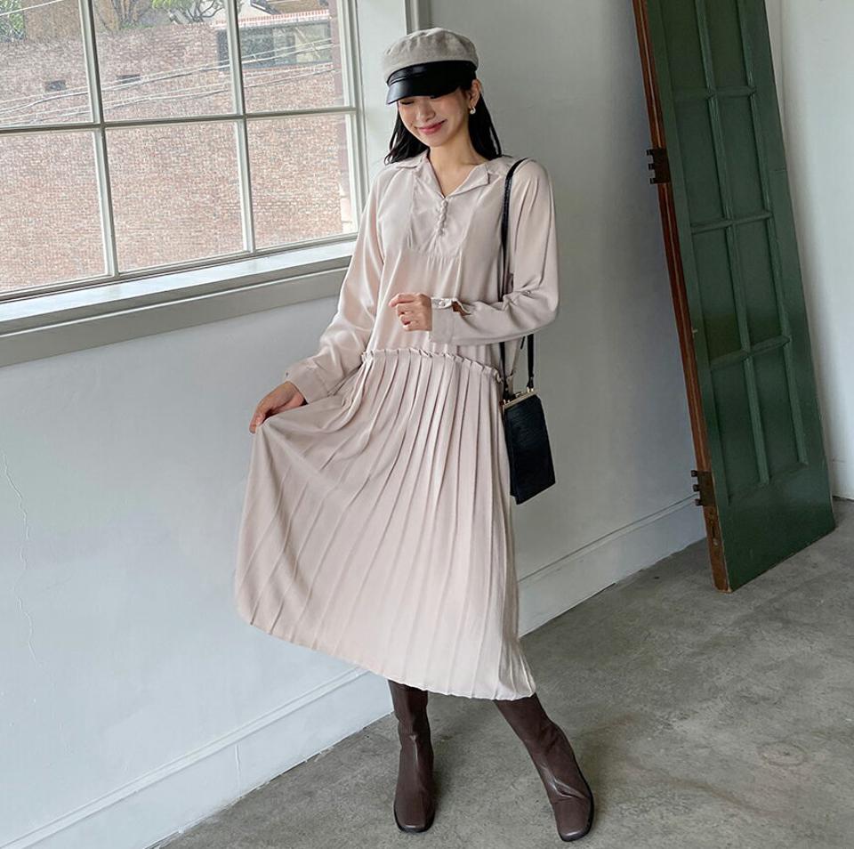 【只今10%OFF】カラープリーツワンピース・全2色・t65150 レディース 【ops】韓国 ファッション ワンピース ロング ロングワンピース 長袖 セーラーカラー プリーツ ラグランスリーブ ボタン ロング丈 シンプル ルーズ 楽ちん 体型カバー 春 秋 NIJU