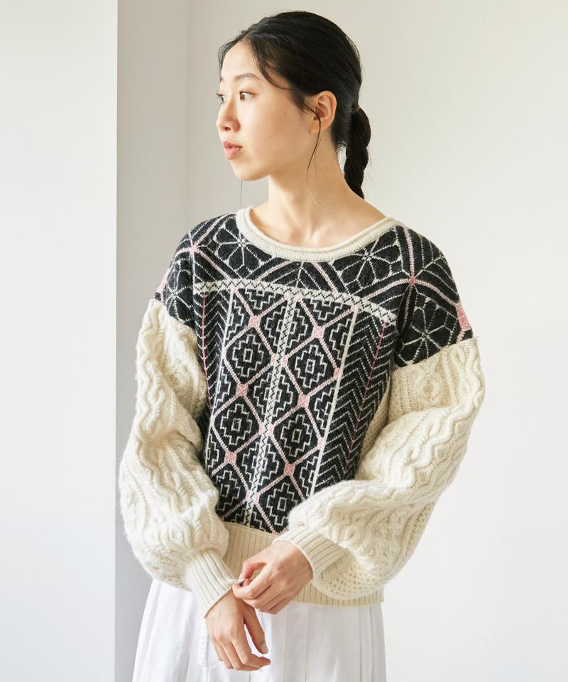 〇ラムナイロンジャカードニット 前後2wayクルーカーディガン（cardo fabrica）