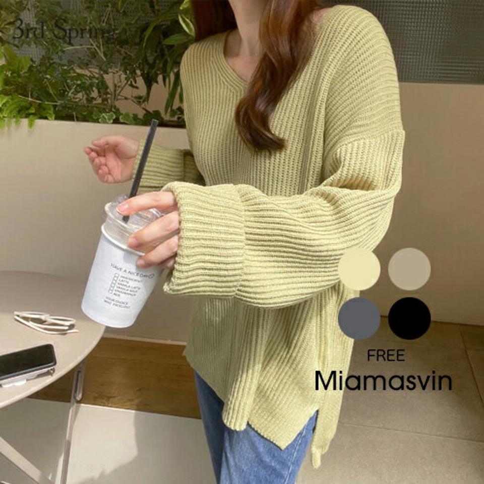 Miamasvin(ミアマスビン)ローウェル・デ・ニットTシャツ【9/29up_ka】韓国 韓国ファッション　レディース トップス ニット Tシャツ ニットT 長袖 Vネック 体型カバー ルーズフィット らくちん 大人 着回し 秋 冬レディース ファッション【5】※メール便不可