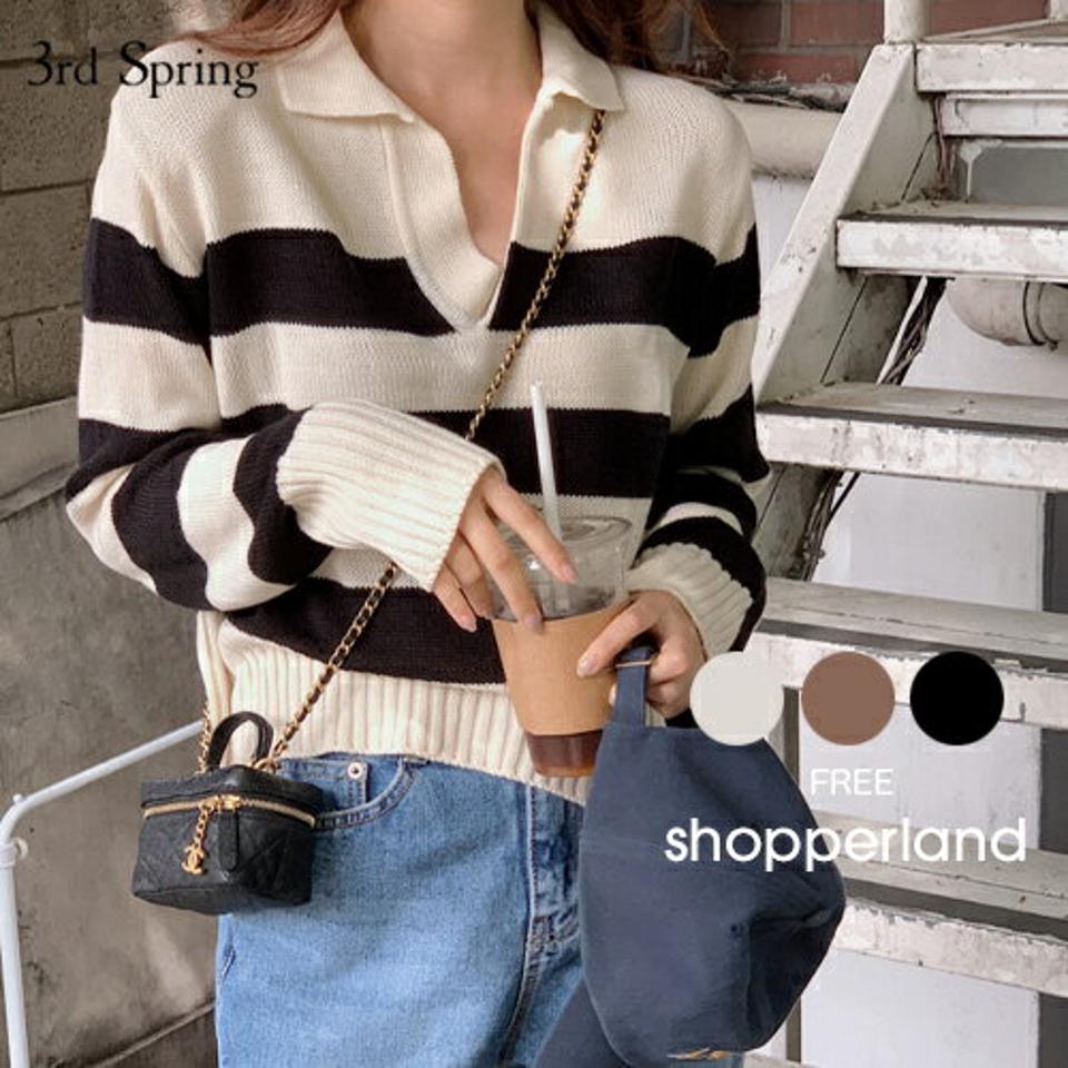 SHOPPERLAND(ショッパーランド)ボーダーカラーニットT【9/27up_ka】【韓国 韓国ファッション　レディース トップス Tシャツ ロンT ニット ボーダー カラーネック 大人 カジュアル らくちん 着回し 秋 冬レディース ファッション【7】