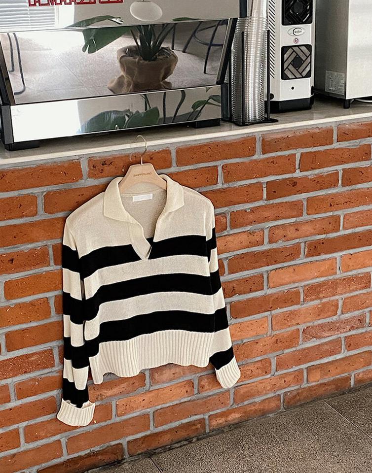 SHOPPERLAND(ショッパーランド)ボーダーカラーニットT【9/27up_ka】【韓国 韓国ファッション　レディース トップス Tシャツ ロンT ニット ボーダー カラーネック 大人 カジュアル らくちん 着回し 秋 冬レディース ファッション【7】