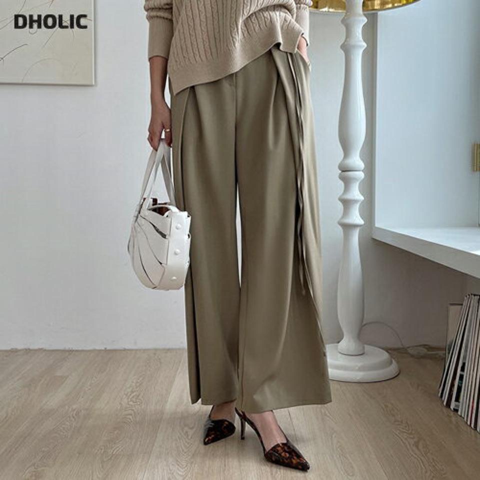 リボンタックワイドパンツ・全2色・b00064 レディース 【pt】 ボトムス ロング ロングパンツ リボン タック ワイドパンツ ベーシック 体型カバー 足長 着痩せ スリム カジュアル ワイド 春 秋 韓国ファッション ハイホリHIHOLLI