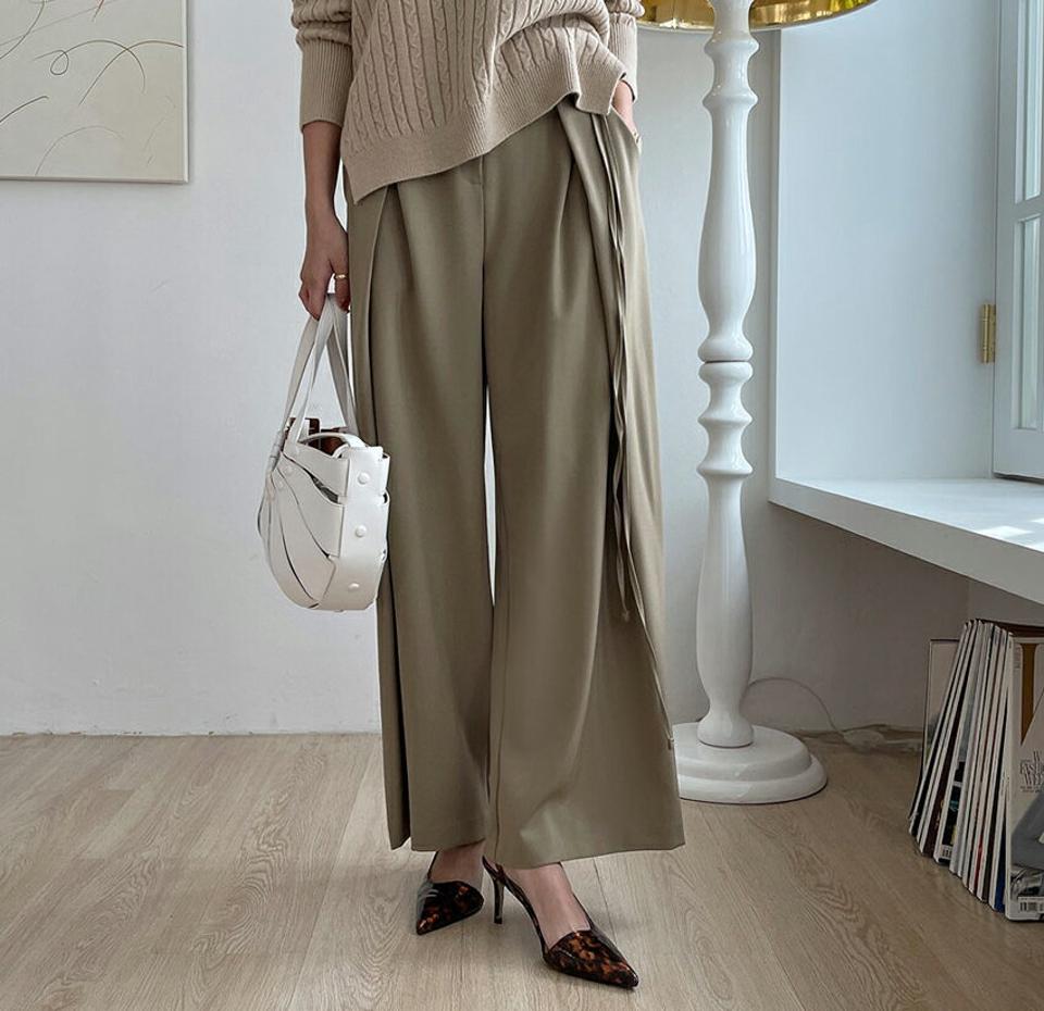 リボンタックワイドパンツ・全2色・b00064 レディース 【pt】 ボトムス ロング ロングパンツ リボン タック ワイドパンツ ベーシック 体型カバー 足長 着痩せ スリム カジュアル ワイド 春 秋 韓国ファッション ハイホリHIHOLLI