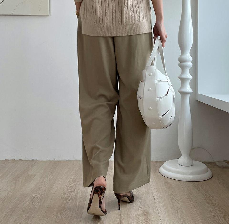 リボンタックワイドパンツ・全2色・b00064 レディース 【pt】 ボトムス ロング ロングパンツ リボン タック ワイドパンツ ベーシック 体型カバー 足長 着痩せ スリム カジュアル ワイド 春 秋 韓国ファッション ハイホリHIHOLLI