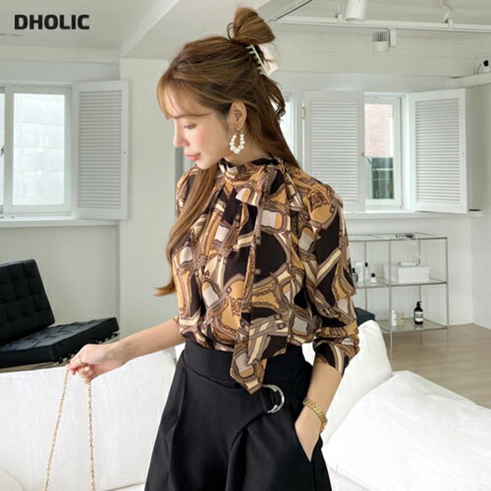 パターンリボンブラウス・全3色・b00043 レディース 【bl】 トップス ブラウス 長袖 パターン リボン ハイネック ボタン 大人 ユニーク フェミニン 上品 春 秋 韓国ファッション ハイホリHIHOLLI