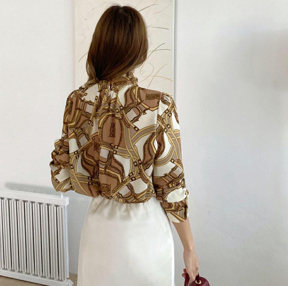 パターンリボンブラウス・全3色・b00043 レディース 【bl】 トップス ブラウス 長袖 パターン リボン ハイネック ボタン 大人 ユニーク フェミニン 上品 春 秋 韓国ファッション ハイホリHIHOLLI