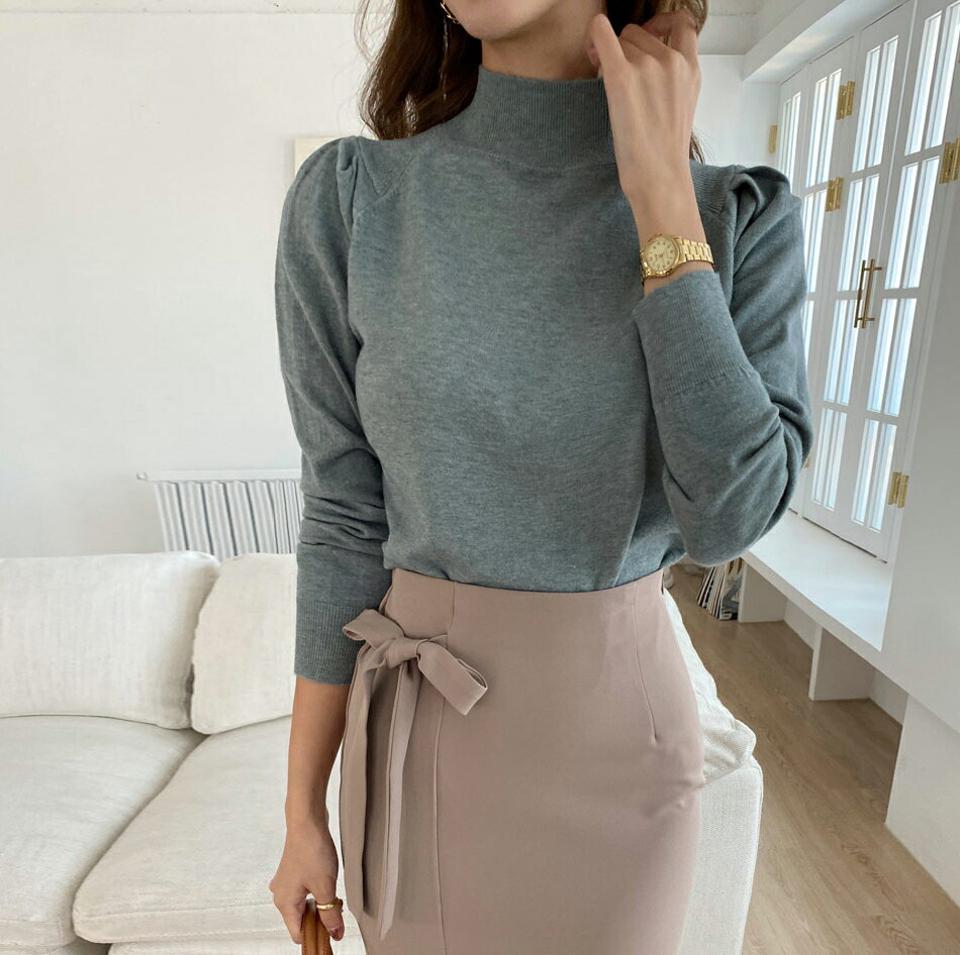 ハイネックパフニット・全5色・b00046 レディース 【tops】 トップス ニット 長袖 年上 ハイネック あたたかい パフ ギャザー ユニーク やわらかい 上品 冬 春 秋 韓国ファッション ハイホリHIHOLLI