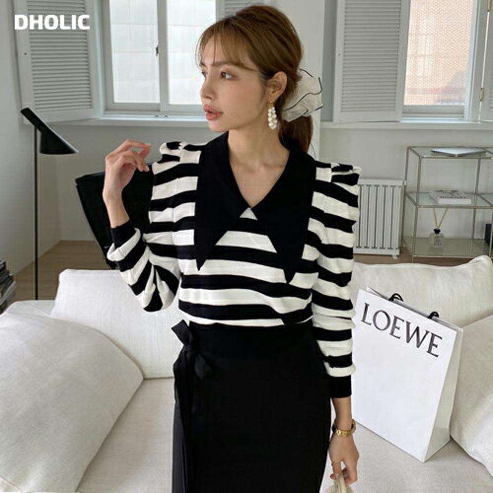 ボーダーカラーパフスリーブニット・全2色・t00047 レディース 【tops】 トップス ニット 長袖 ボーダー パフ ビックカラー 配色 ユニーク スリム フィット やわらかい 体型カバー 上品 冬 春 秋 韓国ファッション ハイホリHIHOLLI
