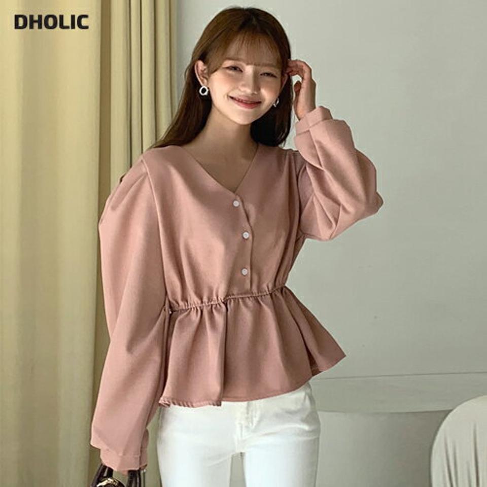 【スーパーセール特価】Vネックフレアブラウス・全4色・t00927 レディース 【bl】韓国ファッション トップス ブラウス 長袖 Vネック シンプル フレア ボタン フェミニン スリム ゴム タック 上品 細身 ガーリー インしないブラウス 春 秋 NIJU