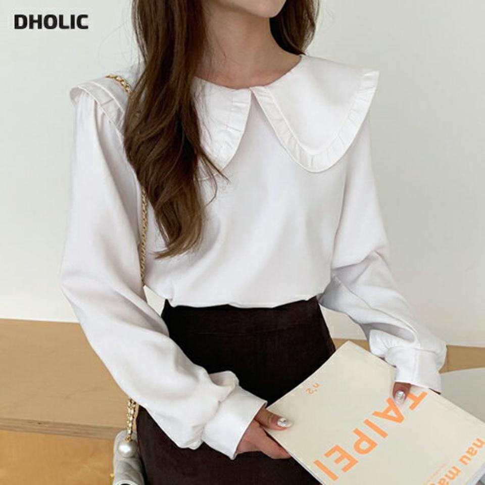 2TYPEフリルカラーブラウス・全5色・t00955 レディース 【bl】韓国ファッション トップス ブラウス 長袖 ビッグカラー ツイード フリル 無地 チェック シンプル フェミニン 上品 体型カバー 細身 ガーリー カジュアル 春 秋 NIJU