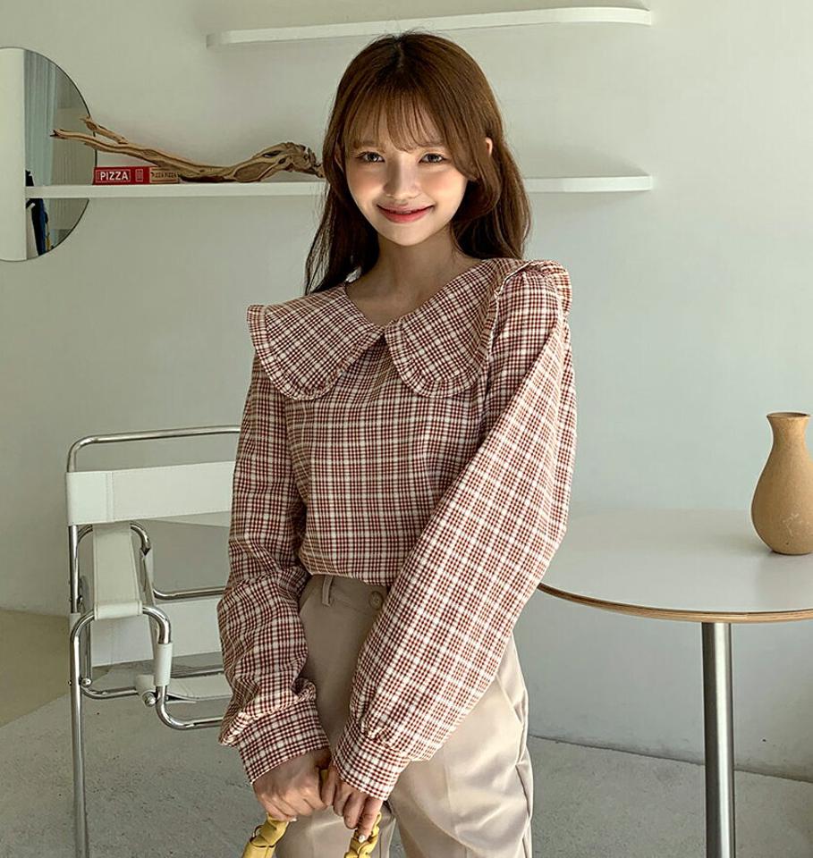 2TYPEフリルカラーブラウス・全5色・t00955 レディース 【bl】韓国ファッション トップス ブラウス 長袖 ビッグカラー ツイード フリル 無地 チェック シンプル フェミニン 上品 体型カバー 細身 ガーリー カジュアル 春 秋 NIJU