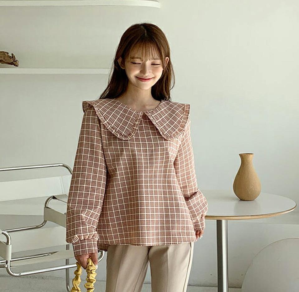 2TYPEフリルカラーブラウス・全5色・t00955 レディース 【bl】韓国ファッション トップス ブラウス 長袖 ビッグカラー ツイード フリル 無地 チェック シンプル フェミニン 上品 体型カバー 細身 ガーリー カジュアル 春 秋 NIJU