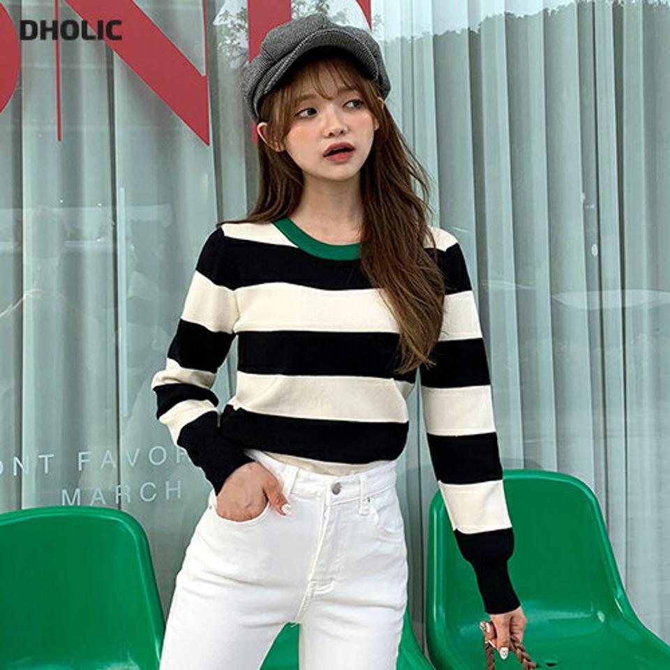 ネック配色ボーダーニット・全3色・b00929 レディース 【tops】韓国ファッション トップス ニット 長袖 ラウンドネック 配色 ボーダー 柄ニット カジュアル ゆったり 楽ちん フェミニン シンプル デイリー プルオーバー 春 秋 NIJU