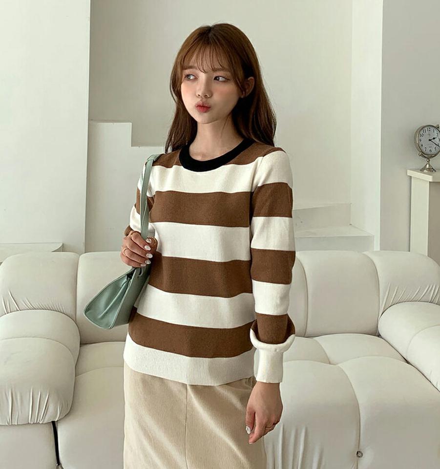 ネック配色ボーダーニット・全3色・b00929 レディース 【tops】韓国ファッション トップス ニット 長袖 ラウンドネック 配色 ボーダー 柄ニット カジュアル ゆったり 楽ちん フェミニン シンプル デイリー プルオーバー 春 秋 NIJU