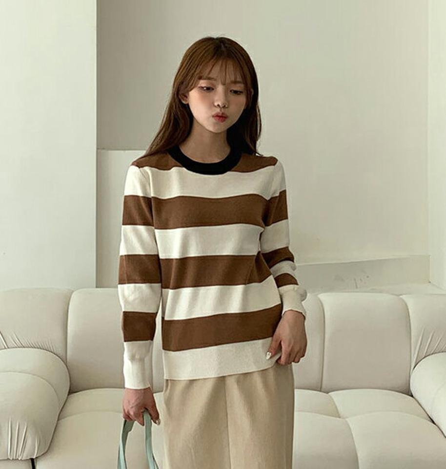 ネック配色ボーダーニット・全3色・b00929 レディース 【tops】韓国ファッション トップス ニット 長袖 ラウンドネック 配色 ボーダー 柄ニット カジュアル ゆったり 楽ちん フェミニン シンプル デイリー プルオーバー 春 秋 NIJU