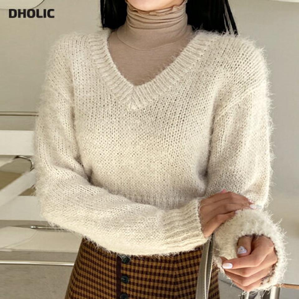 Vネッククロップドブークレニット・全5色・t00931 レディース 【tops】韓国ファッション トップス ニット 長袖 Vネック ブークレニット クロップド丈 デイリー ベーシック 細身 カジュアル 体型カバー ガーリー ゆったり 楽ちん 春 秋 NIJU