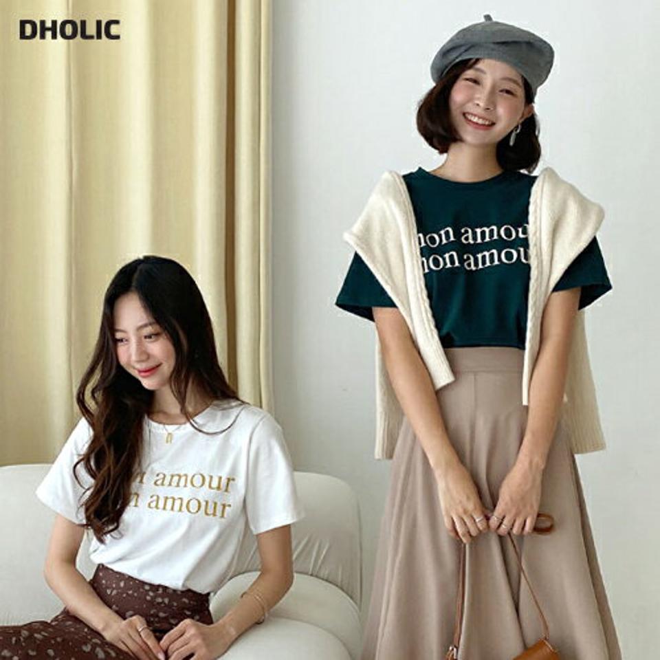 レタリング半袖Tシャツ・全3色・t64975 レディース 【tops】韓国 ファッション トップス Tシャツ 大人 半袖 ラウンドネック レタリング ロゴ スリット シンプル カジュアル 体型カーバー 細身 フェミニン 上品 デイリー 秋 春