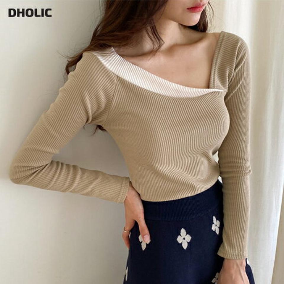 アンバランスネックリブTシャツ・全4色・t65023 レディース 【tops】韓国ファッション トップス Tシャツ 大人 長袖 ネックリブ アンバランス 配色 スリット スリム シンプル カジュアル 体型カバー 細身 フェミニン 上品 デイリー 秋 春