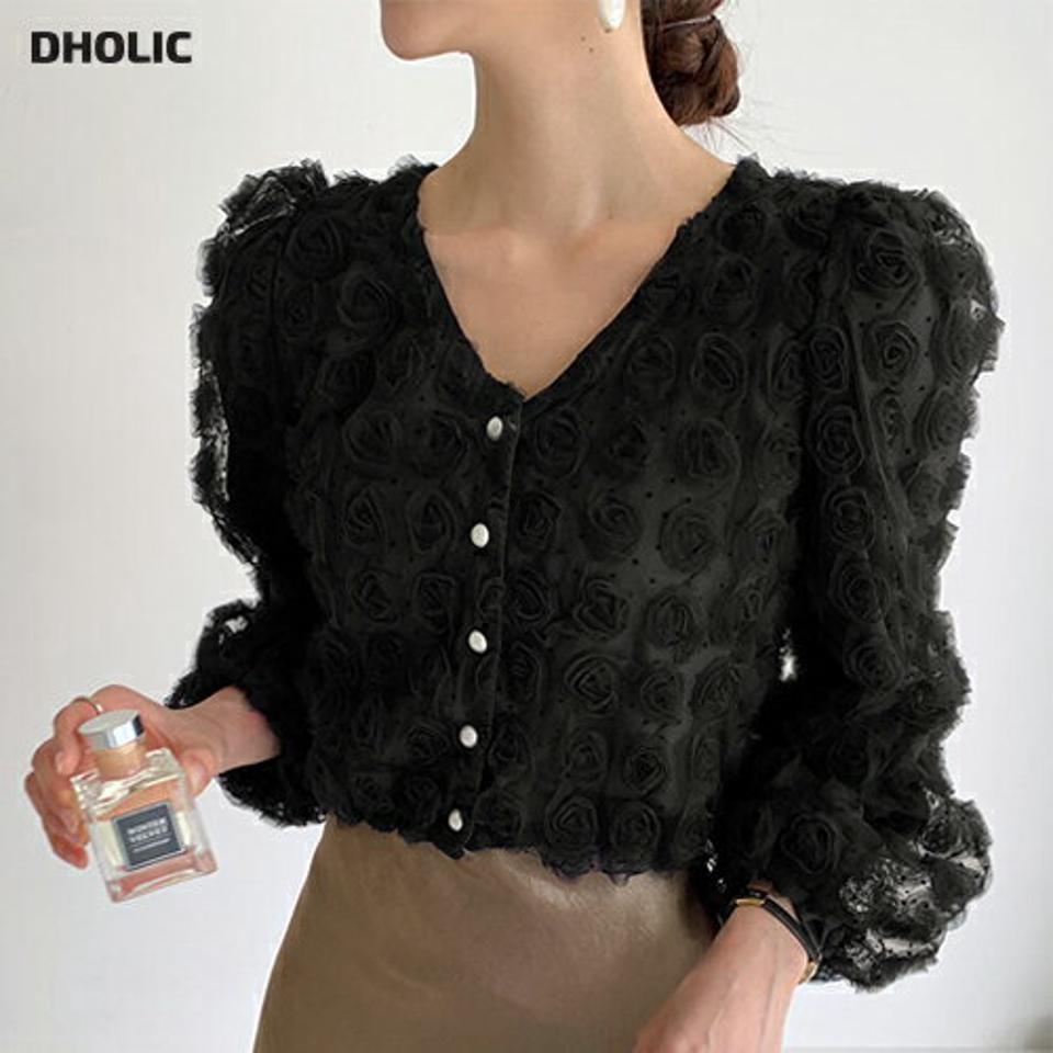 ローズレースブラウス・全3色・t64978 レディース 【bl】韓国ファッション トップス ブラウス 長袖 Vネック 大人 ローズレース 上品 クロップド丈 ドットパターン シンプル ボタン フェミニン カジュアル 体型カバー ガーリー 秋 春