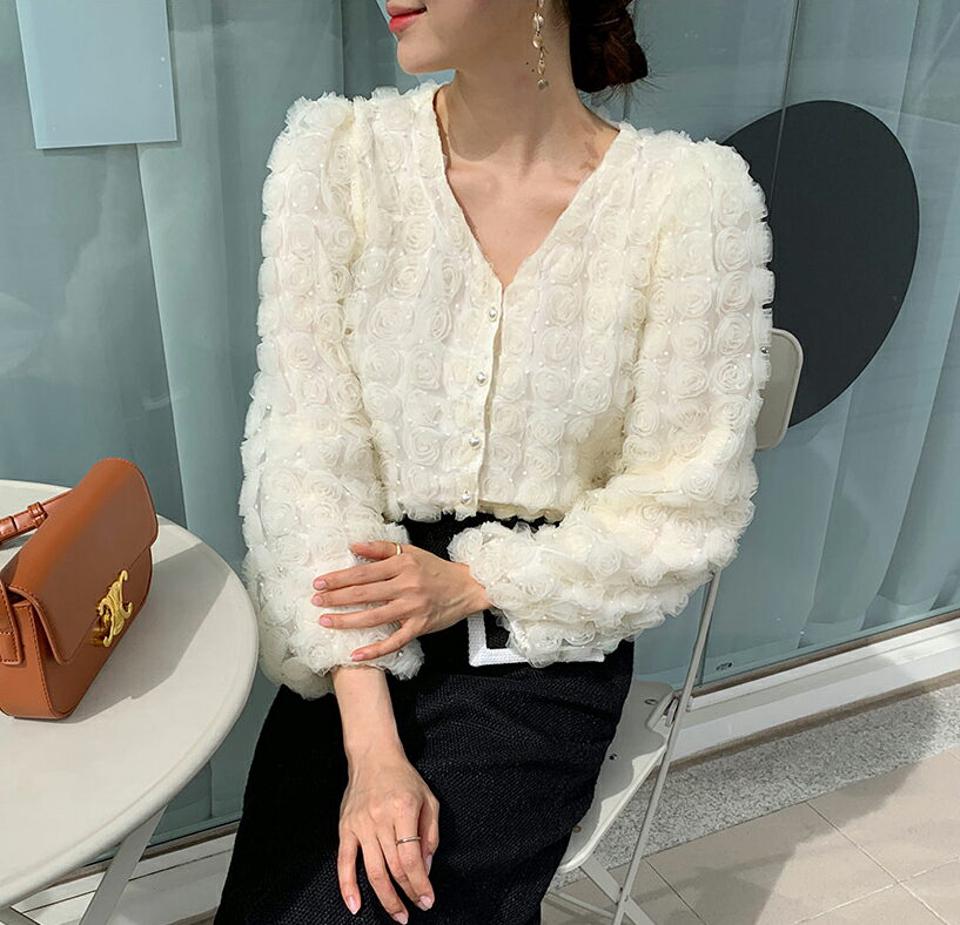 ローズレースブラウス・全3色・t64978 レディース 【bl】韓国ファッション トップス ブラウス 長袖 Vネック 大人 ローズレース 上品 クロップド丈 ドットパターン シンプル ボタン フェミニン カジュアル 体型カバー ガーリー 秋 春